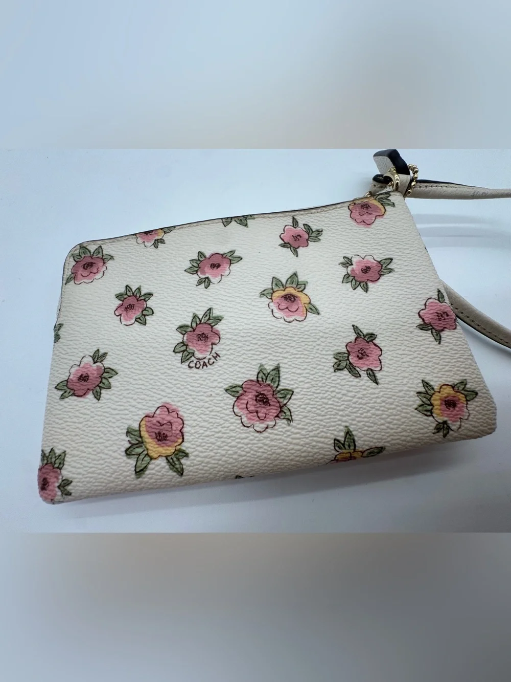Coach Cream Floral Leather Wristlet with Pink Accents